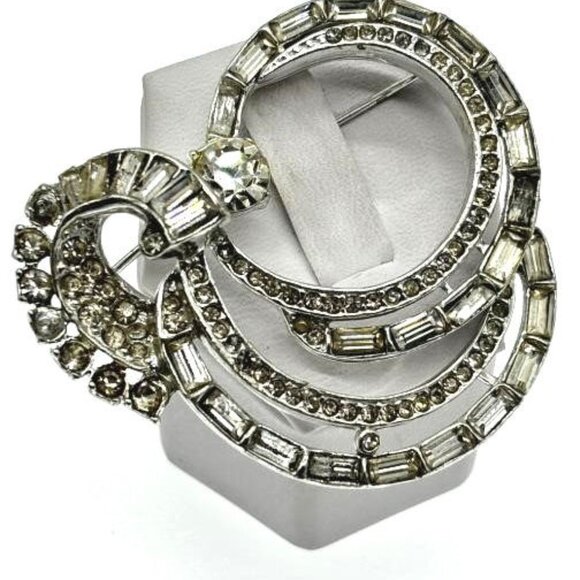 1930's Rhodium Plated Rhinestone Brooch Fancy Pin Elegant - Picture 1 of 5